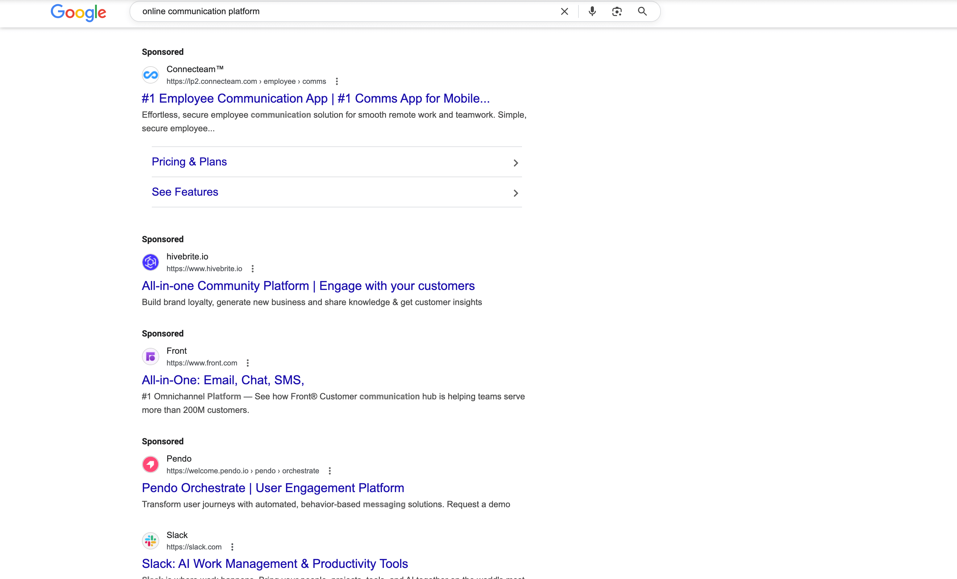 Search engine results for online communication platform